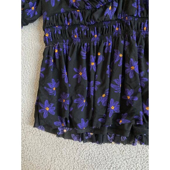 Ava & Viv Top 2X Floral V-Neck Stretch Short Sleeve Flare Blue Black Blouse - Picture 4 of 16